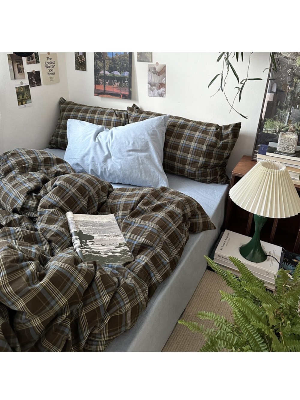 Queen size blue, brown & green buffalo plaid duvet cover set - 3 piece vintage
